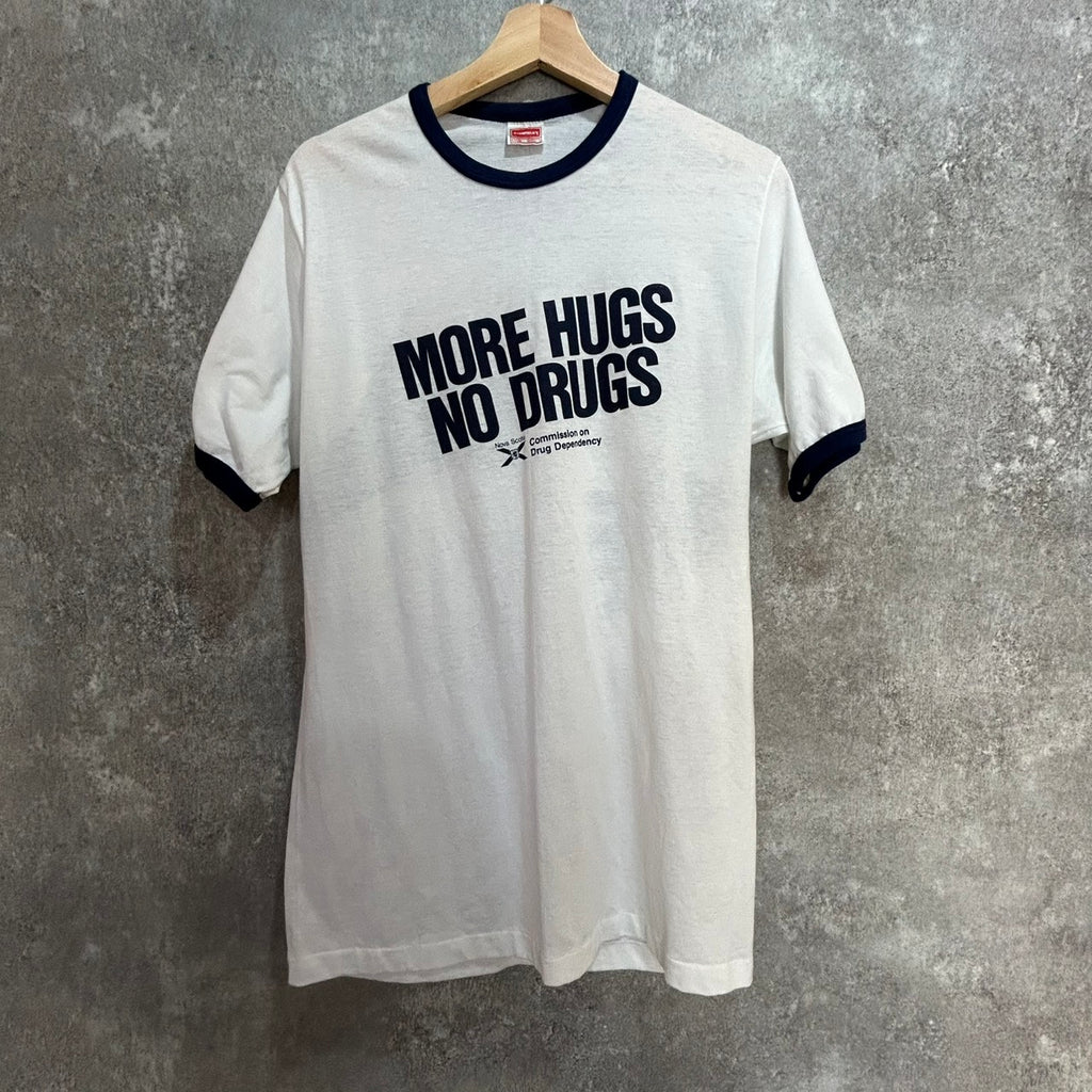 90's  " MORE HUGS NO DRUGS " Ringer T-shirt Size L MADE in CANADA 90s NOVA SCOTIA
