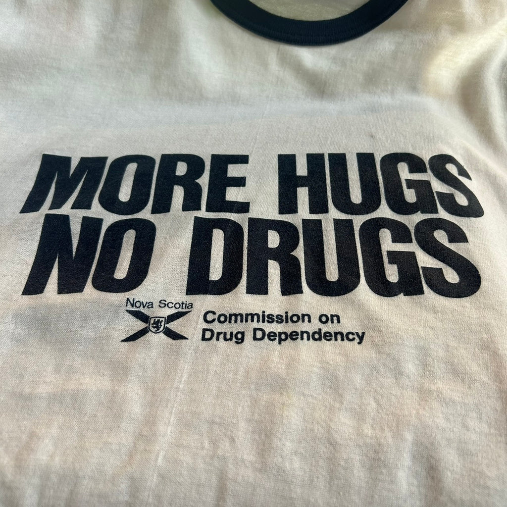 90's  " MORE HUGS NO DRUGS " Ringer T-shirt Size L MADE in CANADA 90s NOVA SCOTIA